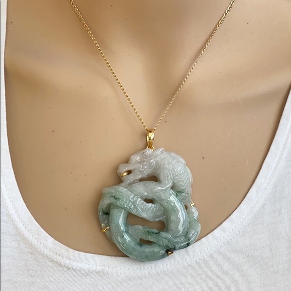 14K Real Gold Carved Dragon Natural Jade Pendant L - Picture 13 of 16